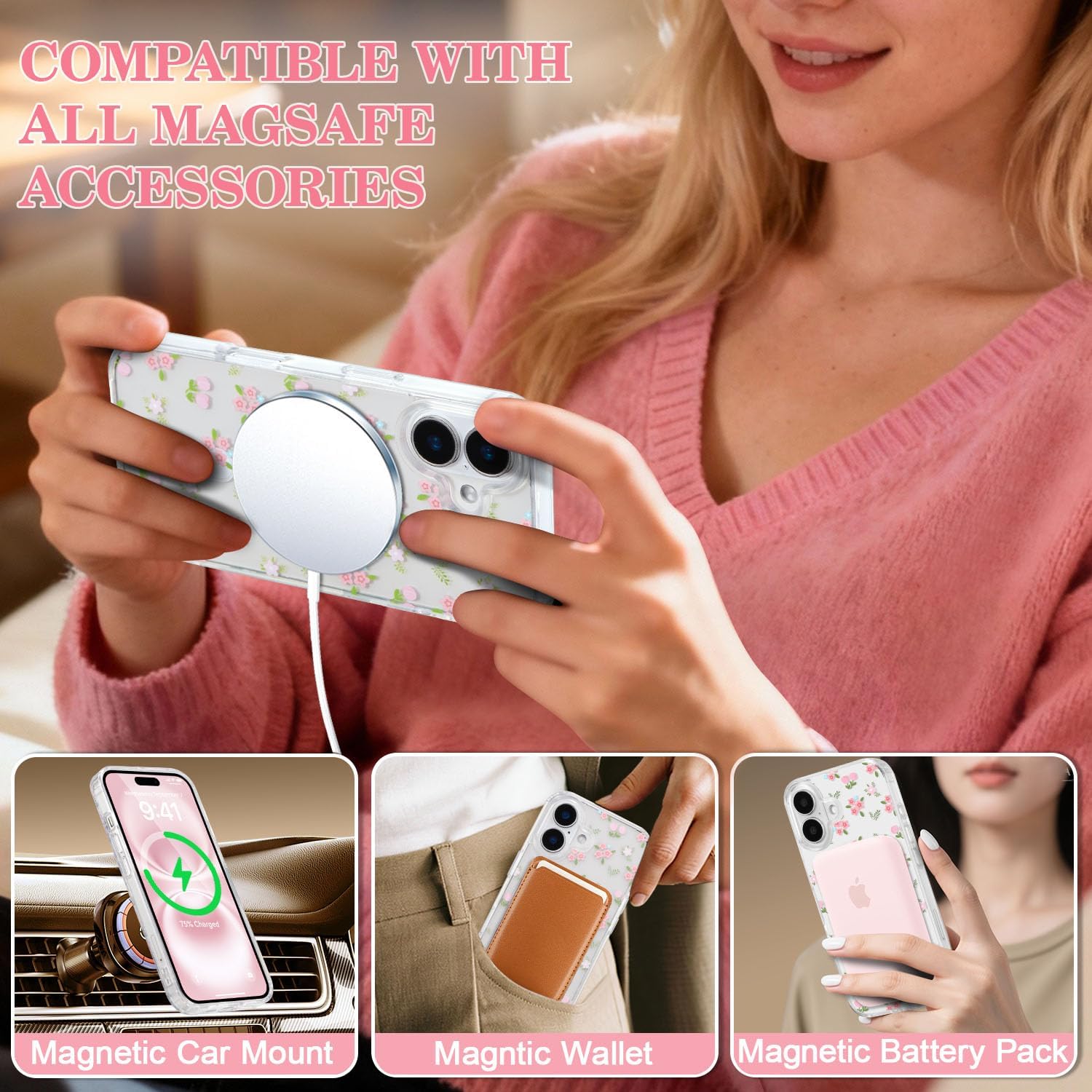 QLTYPRI Magnetic for iPhone 17 Case Compatible with Magsafe, Cute Floral Flower Aesthetic Phone Case Slim Clear Anti-Yellowing Shockproof Phone Cover for Girls Women - Floral - Image 6