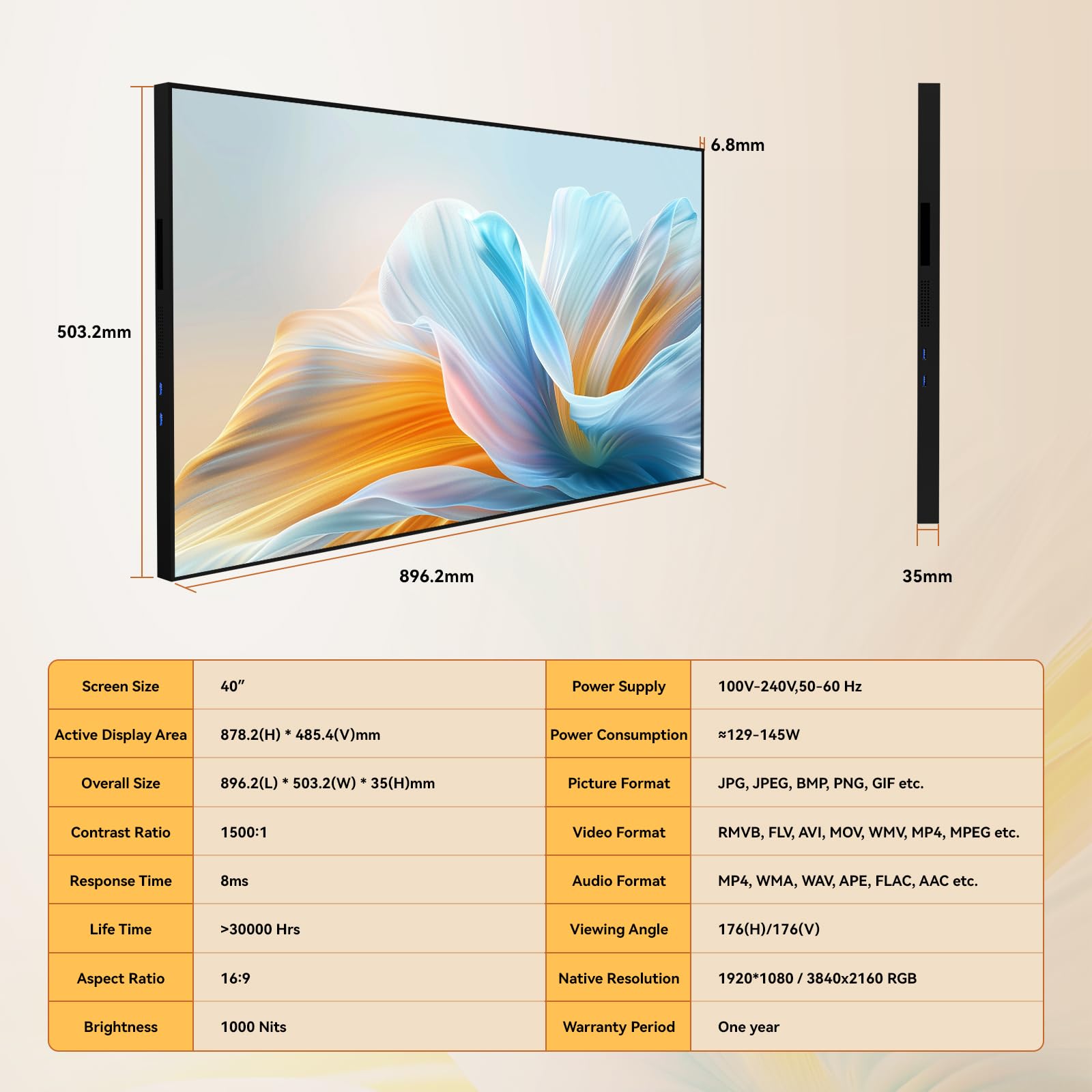 Digital Signage Display 40 Zoll Wandmontierter Werbebildschirm, 4K HD Digitales Menüboard, 1000 Nits Helligkeit Wand Werbedisplay digital Ideal für Business & Restaurant, HDMI/WLAN, Schwarz