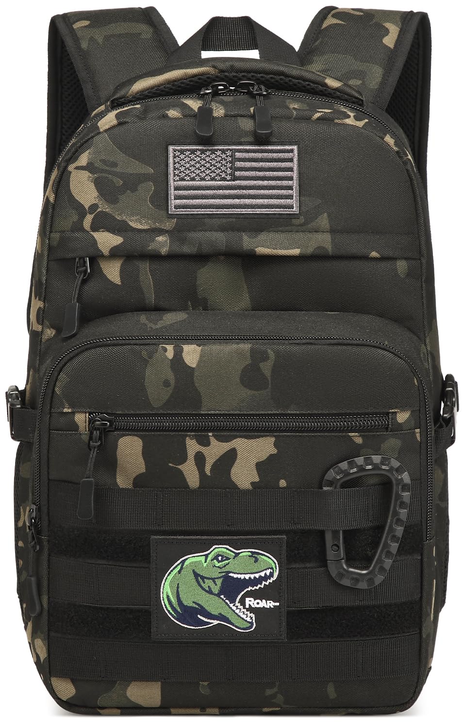 Kids Tactical Backpack Army Molle Bookbag Military Boys Backpack for School, Outdoor, Camping (Includes 2 Patches+1Carabiner), Black Camo