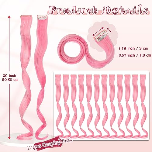 Miniatura 2 de Extensiones de cabello de colores 12 piezas de 20 pulgadas, extensiones de cabello rosa cosplay con clip, color arcoíris, para fiesta, largo,