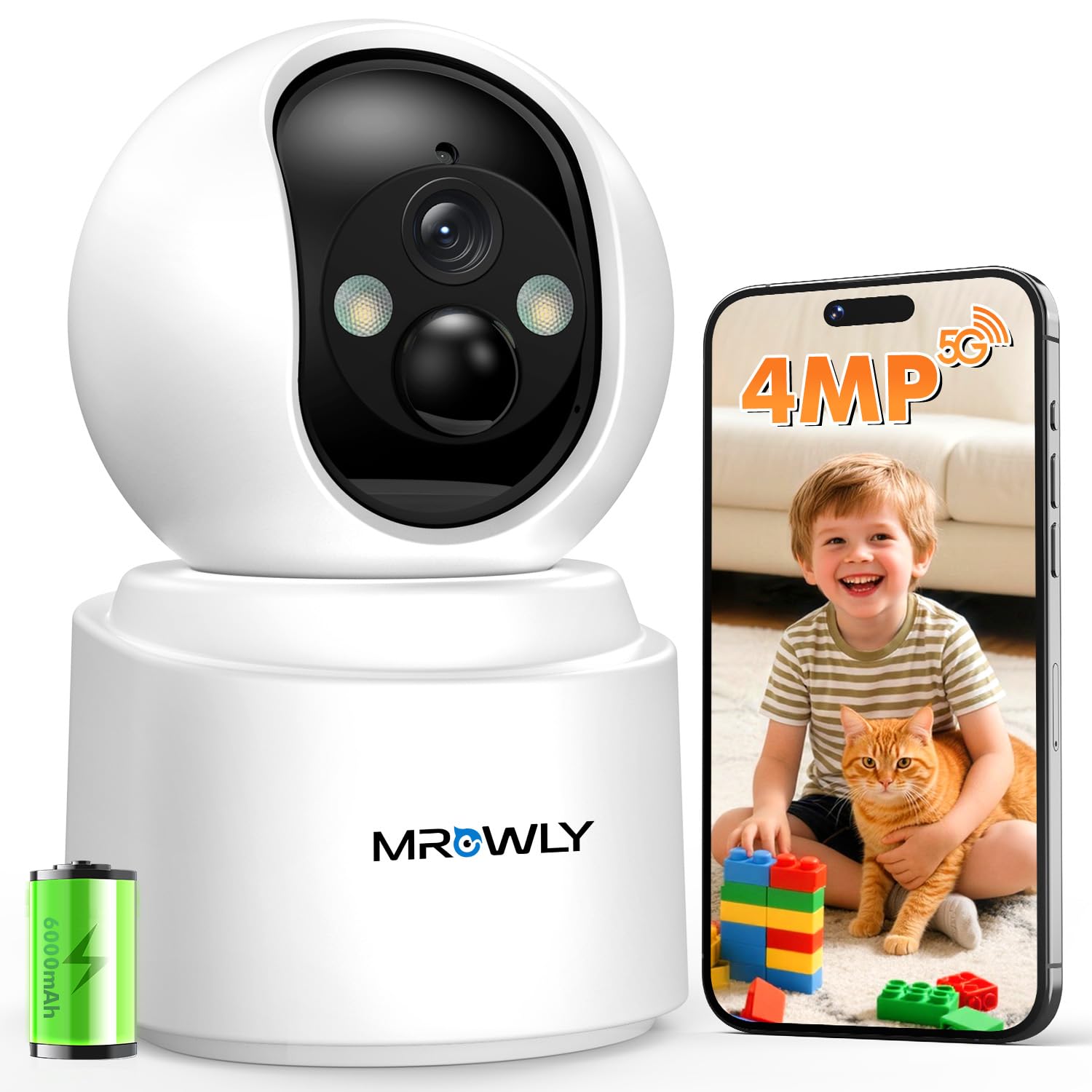 2.5K 4MP Camara Vigilancia WiFi Interior Sin Cable con BaterÃa 6000mAh, 2.4/5GHz WiFi, 360° PTZ, Bebé/Animal/Seguridad para El Hogar, Detección PIR, Visión Nocturna Color, Conexión Bluetooth