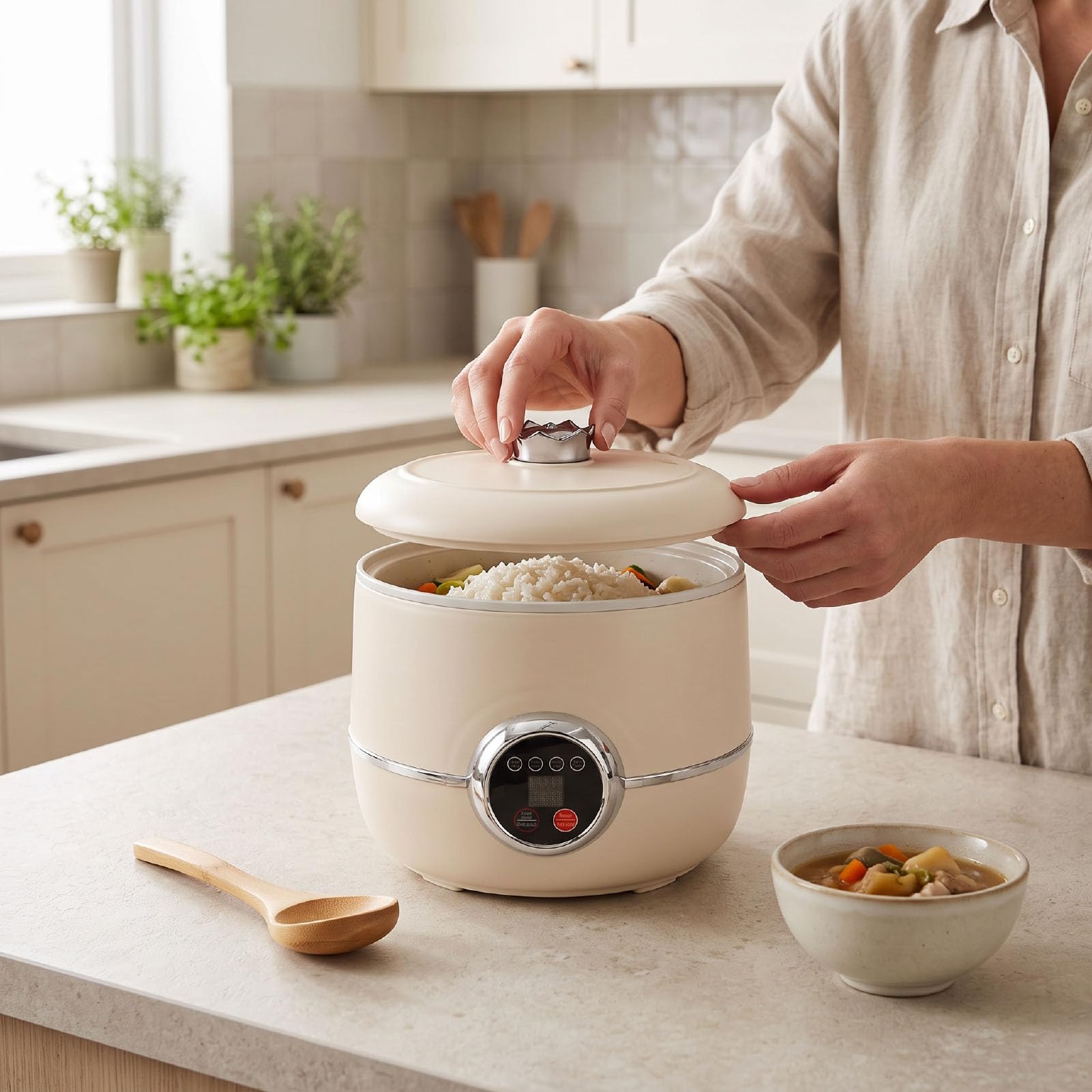 Mini Rice Cooker 1.6L dla 1-2 Osób z Nieprzywierającym Garnkiem i Timerem