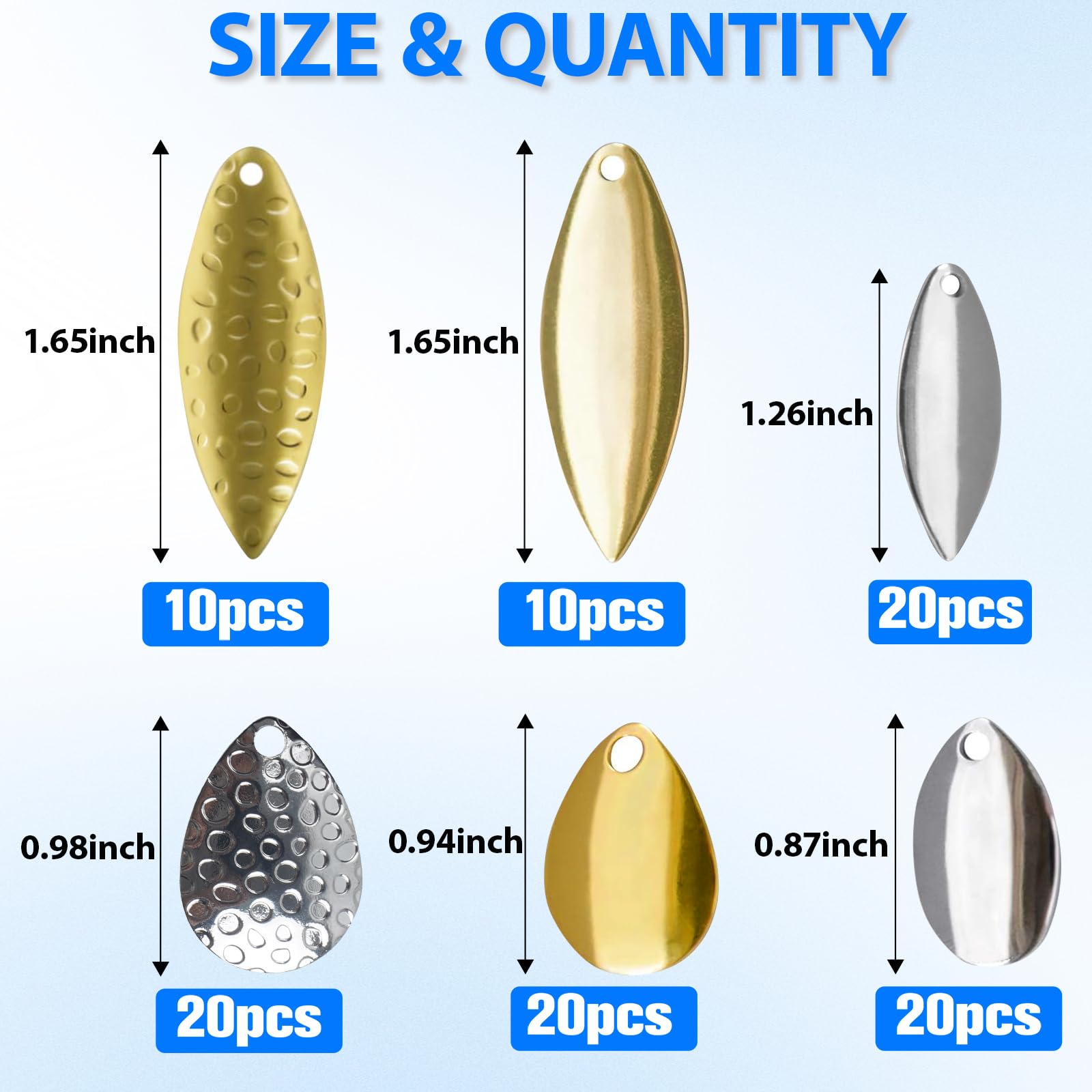 Spinner Blades for Lures Making Kit Easy Spin Colorado Willow Blades Kit Gold Silver Spoons DIY Lures Making Accessories for Spinner Baits Walleye Rigs Bass Fishing(Gold & Silver - 100pcs)