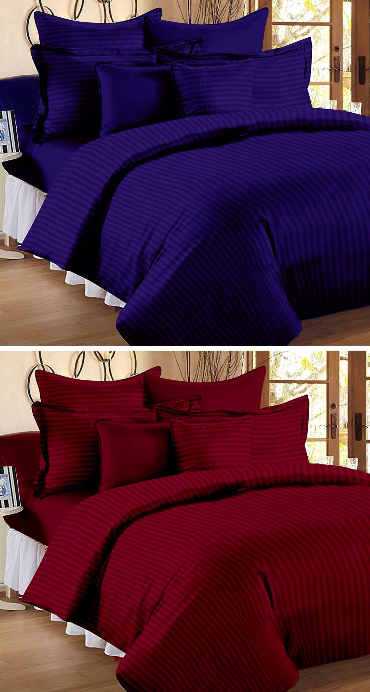 iTrend India Combo of 2 King Size Satin Stripe Bedsheets with 4 Pillow Covers || Navy Blue & Maroon