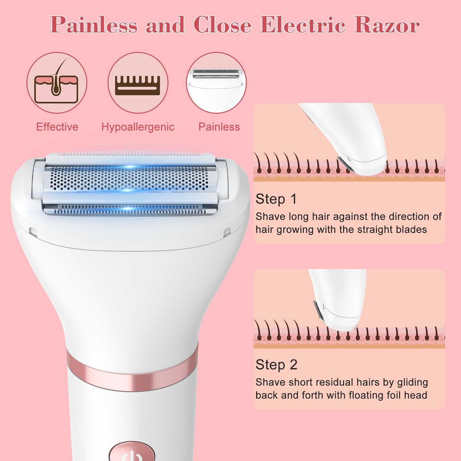 3-in-1 Electric Razor IPX7 Waterproof Bikini Trimmer Wet & Dry Use Painless Personal Trimmer Groomer for Ladies Face Body Legs Bikini Public Hairs Electric Lady Shaver with Replaceable Heads - Image 5