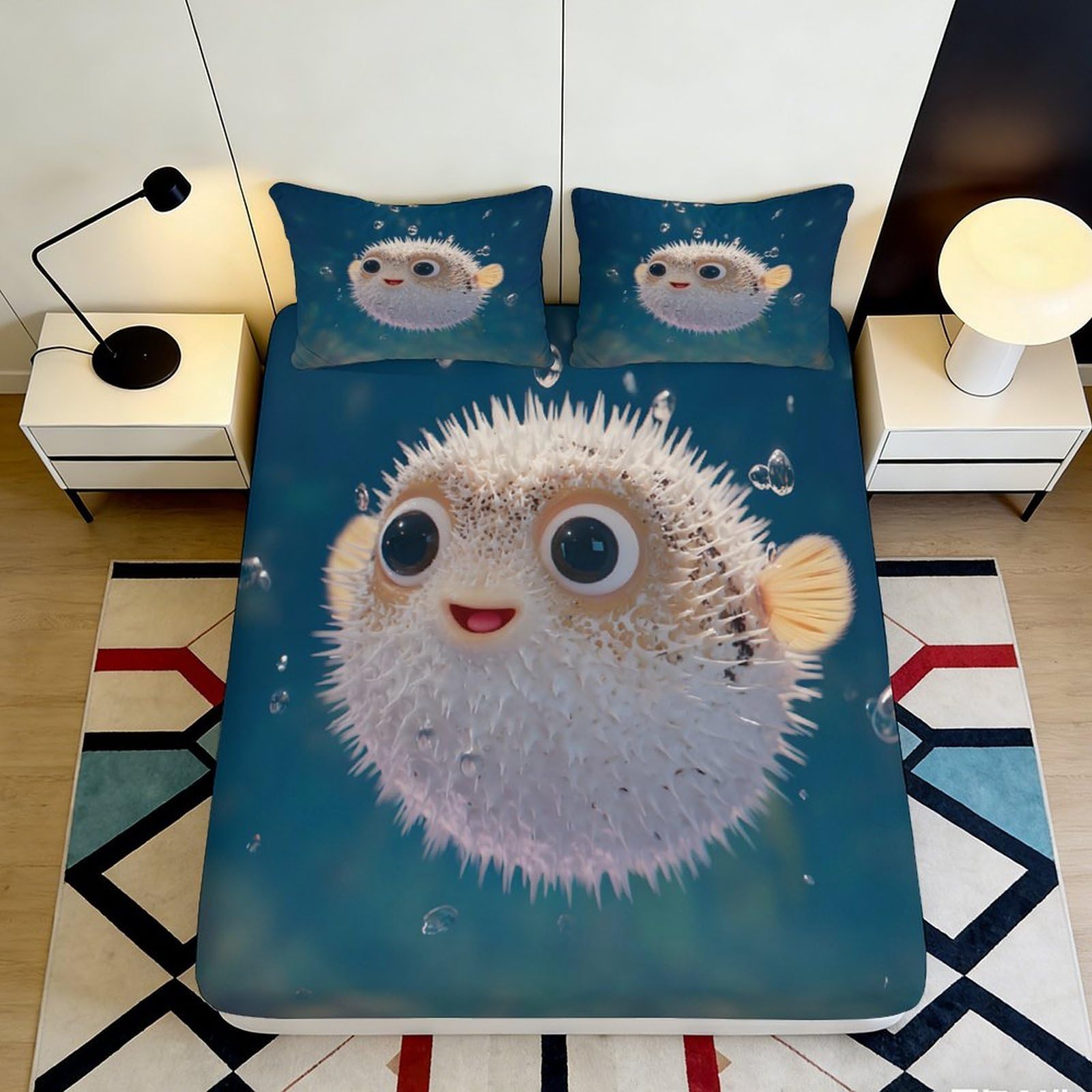 3D Printed Cute Pufferfish Fitted Sheet Microfiber Deep Pocket Non-Slip Pufferfish Mattress Fitted Cover for Bedroom Bedding 90x200x25cm