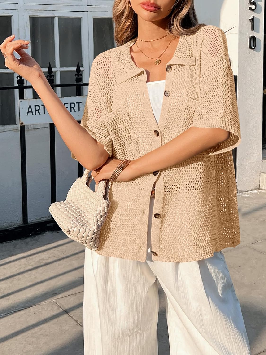 Fisoew Womens Crochet Lightweight Cardigan Sweaters Short Sleeve Summer Button Down Collared Loose Cover Up Shirts - Image 4