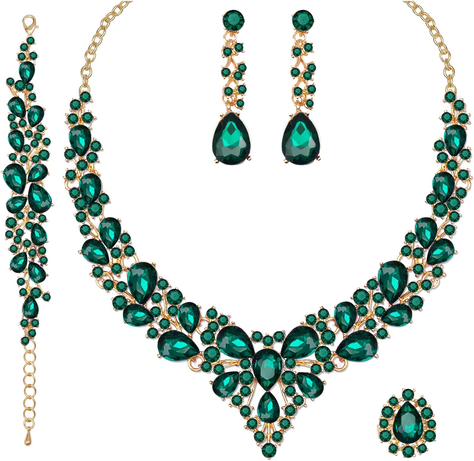 4 Pcs/Set Austrian Crystal Necklace Earrings Bracelet Ring Bridal Jewelry Sets for Brides Wedding Party Costume Accessories Gifts for Women