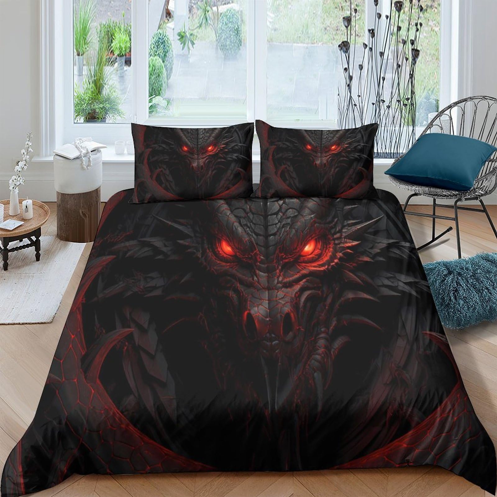 GPLZQXKJNH 3D Printed Dark Dragon Duvet Cover Microfiber Soft Breathable Red Eyes Quilt Cover Set with 2 Pillowcases for Bedroom Home Decor Single（135x200cm）