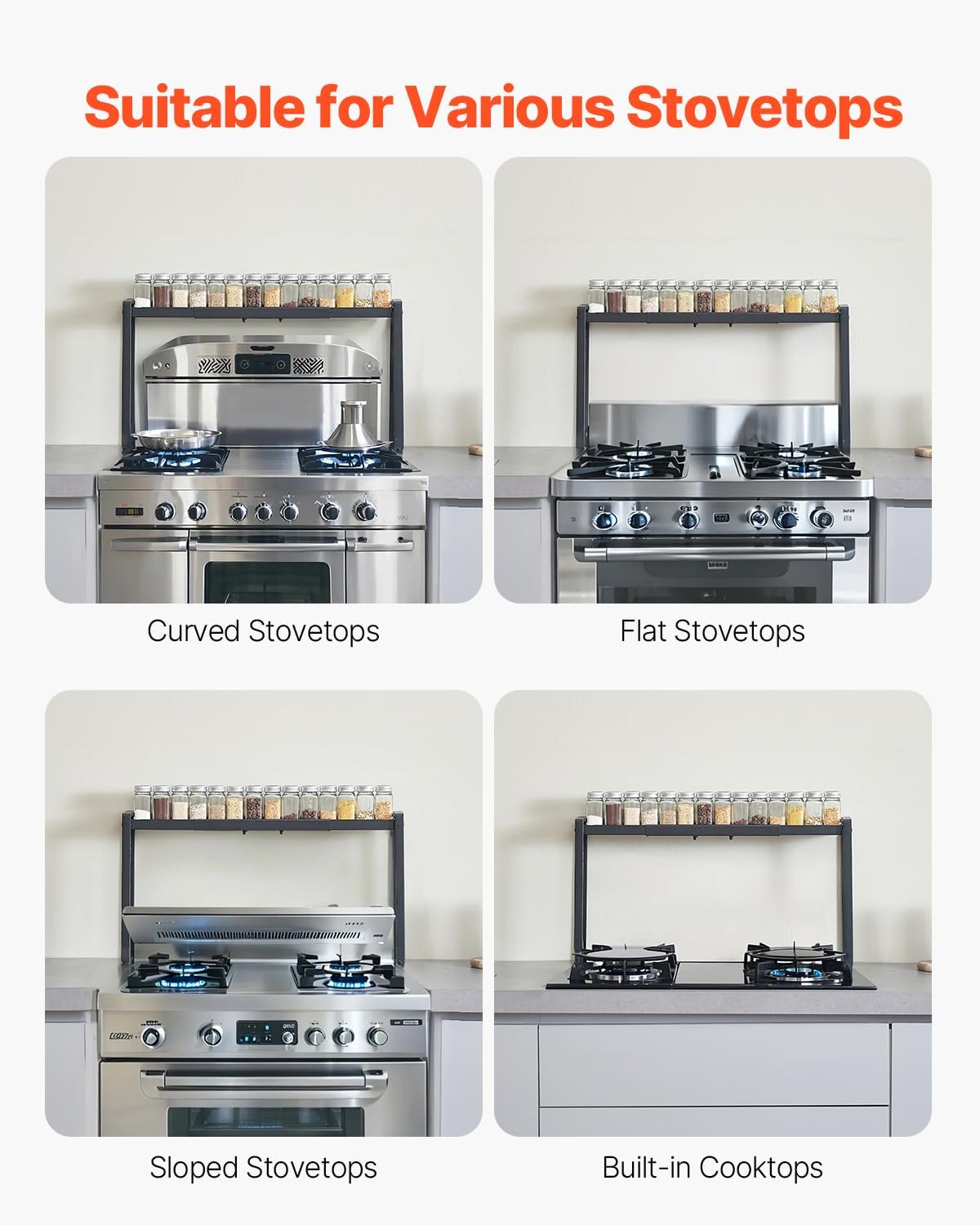 VEVOR Over the Stove Shelf, Adjustable 27-33Inch Spice Organizer, 4 Level Expandable Height Spice Rack for Kitchen Stove Top, Spice Organizer, Countertop Seasoning Organizer Storage Solution, Black