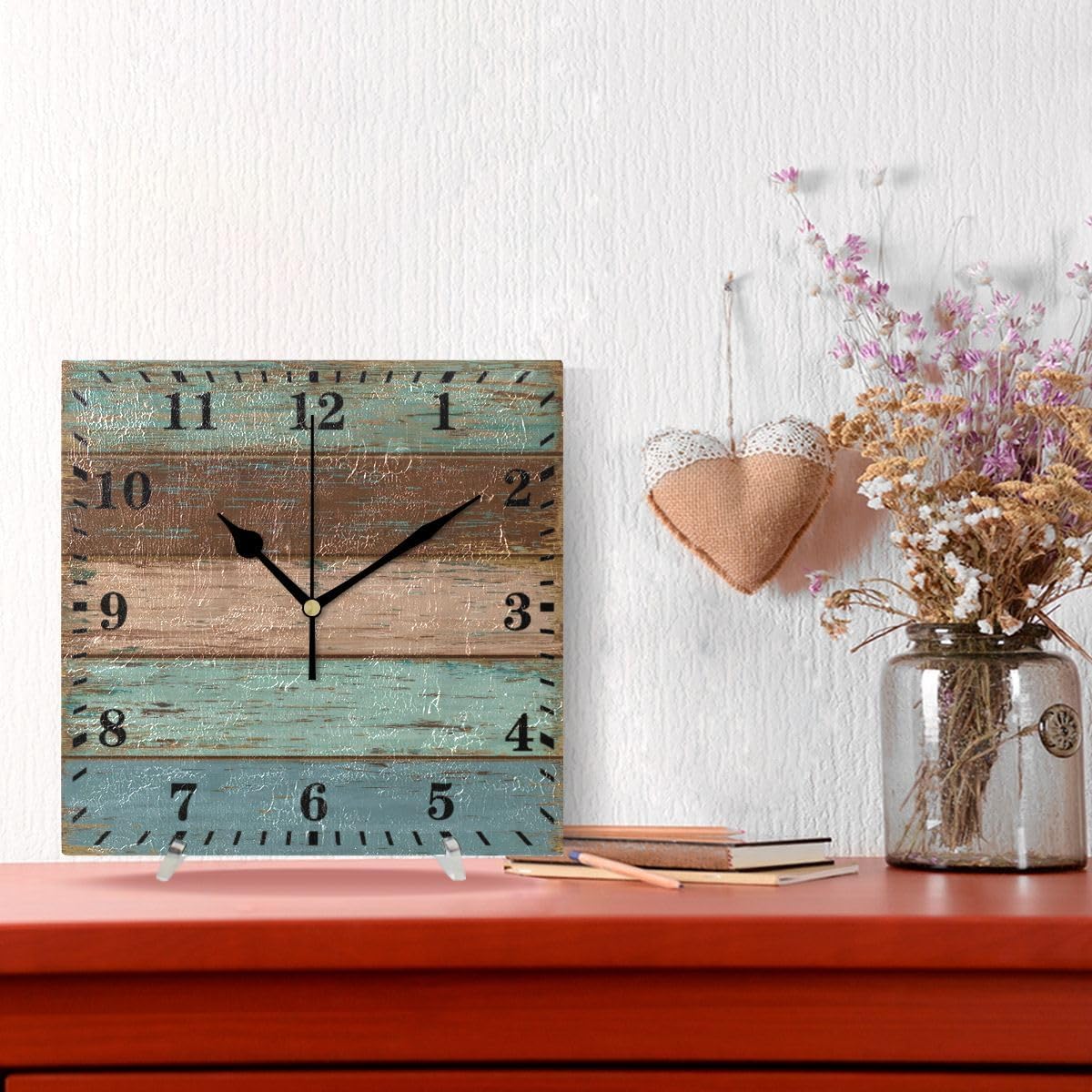 Wall Clock Teal Green Brown Retro Rustic Wood Texture Decorative Hanging Clock Silent Non Ticking Square Clock for Living Room Kitchen Bedroom Black20x20cm