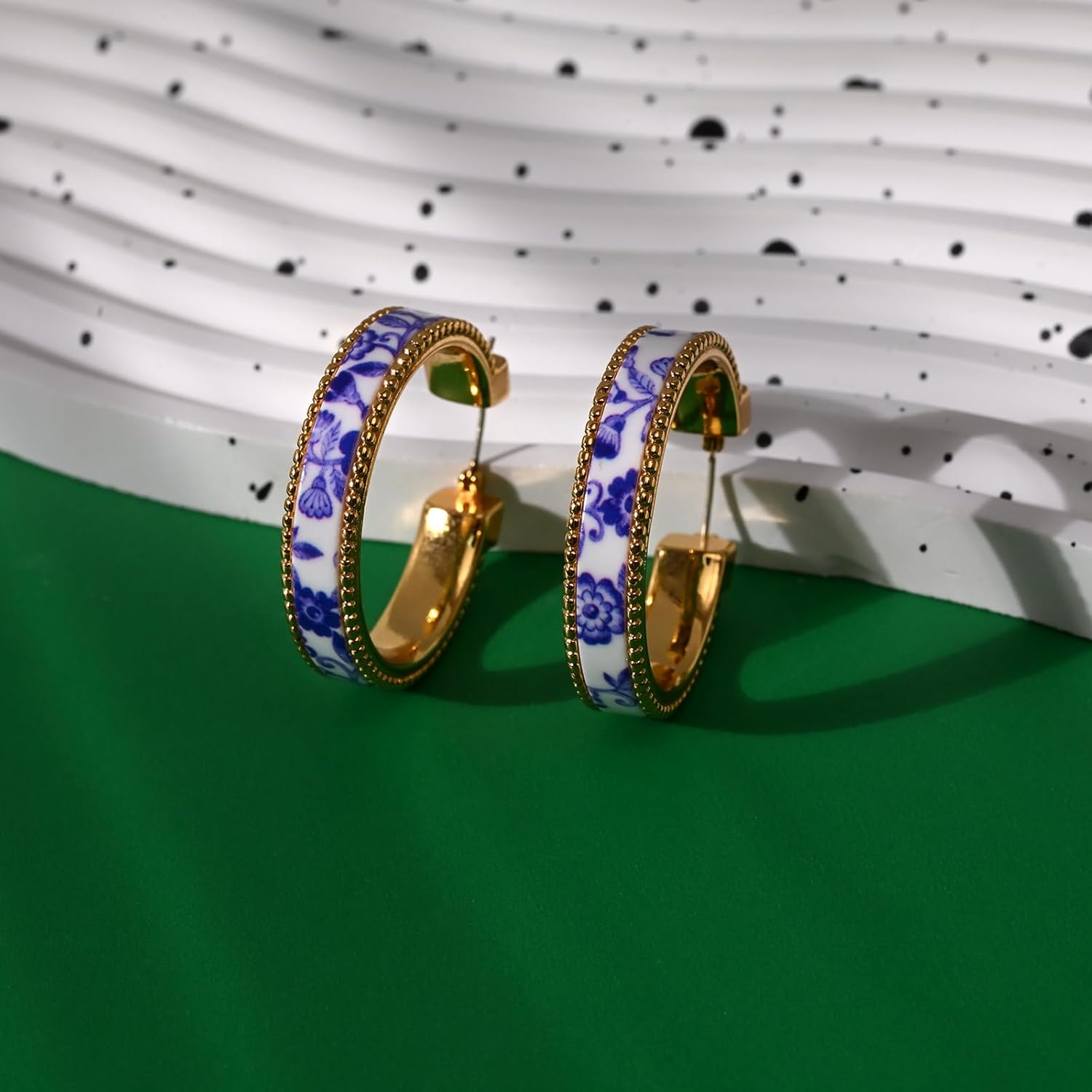 Chunky Blue and White Porcelain Hoop Earrings for Women – Hand-Painted Statement Earrings with 18K Gold, Artistic Vintage Jewelry, Luxury Gift (Cerulean) - Image 5