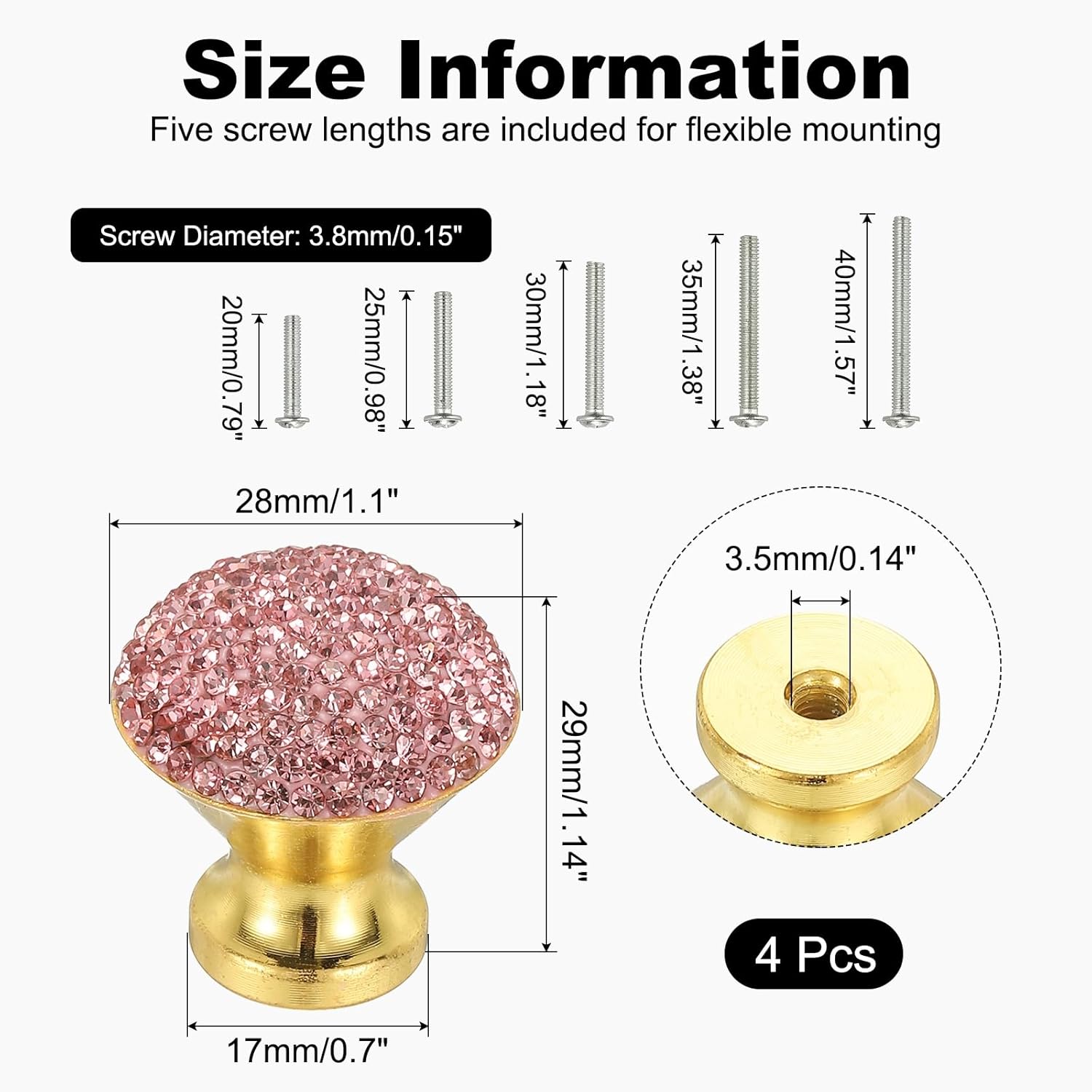 uxcell Drawer Knobs,4Pcs 1.1 Inch (28mm) Diameter Bling Diamond Decoration Cabinet Knob, Round Rhinestones Pull Handle with Screws for Home, Office, Kitchen (Gold Base + Pink Diamond)