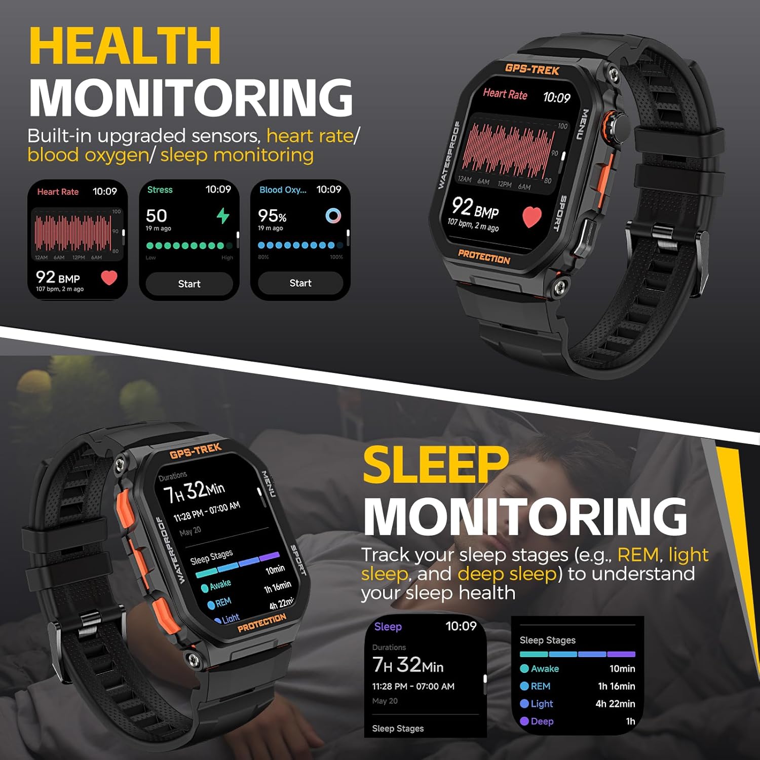 Military Smart Watches for Men Built-in GPS with Bluetooth Call 1.75" Big Screen Rugged Tactical Smartwatch IP68 Waterproof Fitness Tracker Watch with Heart Rate SPO2 Sleep Monitor for iPhone Android