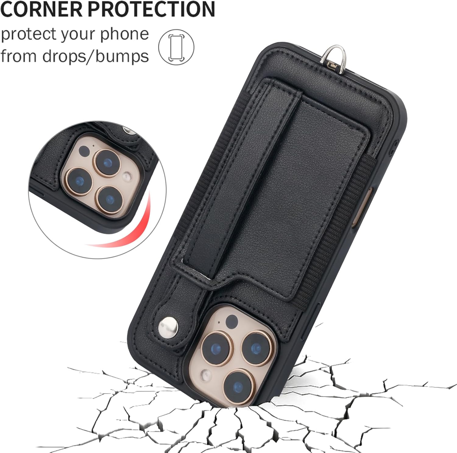 TOOVREN Phone Case Compatible with iPhone 16 Pro Wallet Case with Strap Lanyard Card Holder Case for iPhone 16 Pro Case with Wallet Leather Stand Kickstand Adjustable for Women & Men 6.3 Inch Black - Image 4