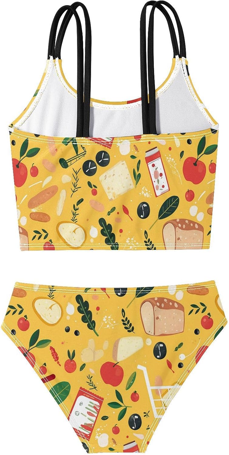 visesunny Girls Two Piece Swimsuits Cartoon Bread Shopping Cart Girl's Bikini Sets Bathing Suits for Girls Size 5-12Y