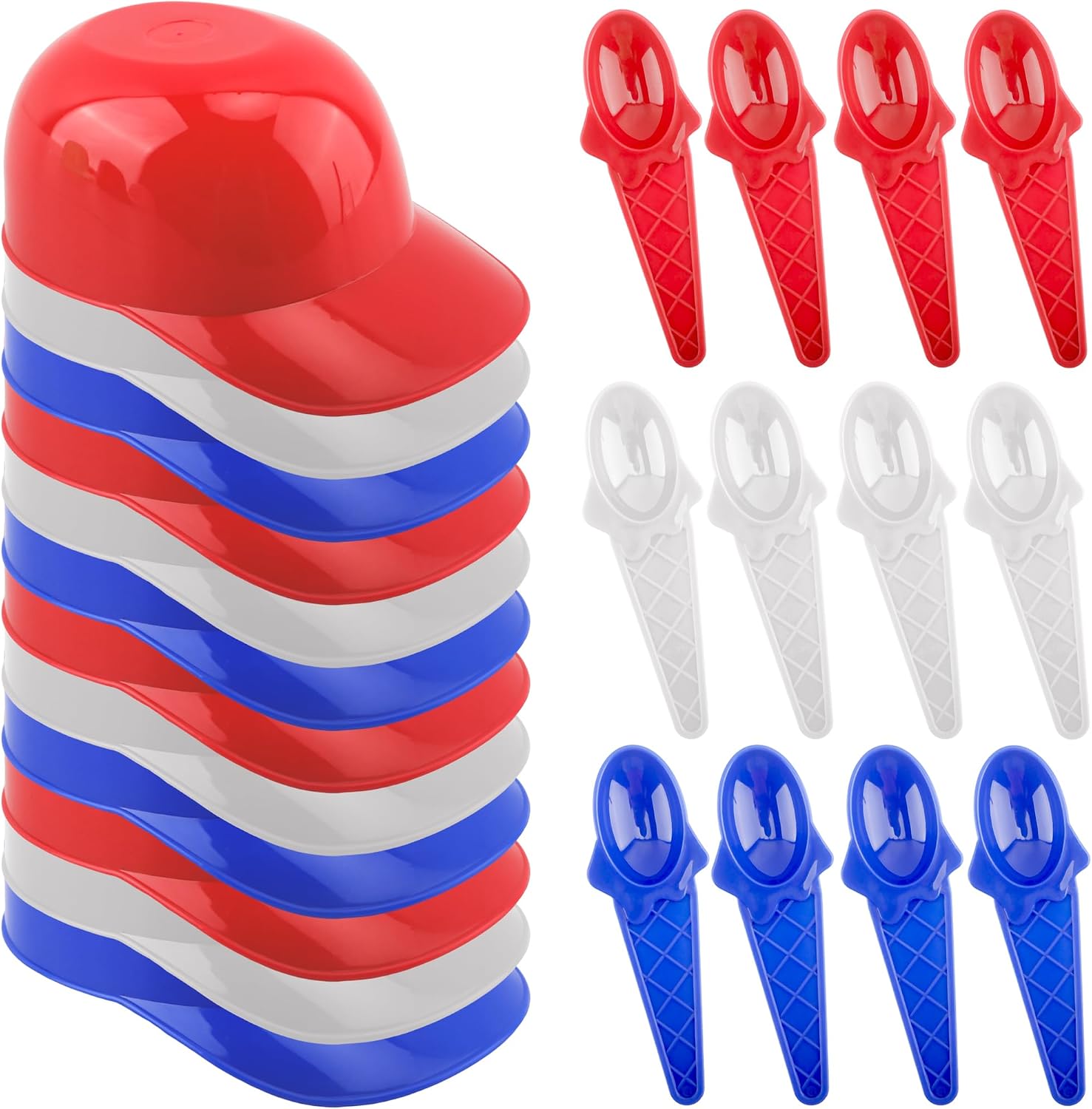 12 Pack Baseball Helmet Ice Cream Bowl 8 oz Plastic Baseball Cap Chip Bowl with 12 Pack Dessert Taster Spoons for Kids Birthday Ice Cream Party, 3 Colors
