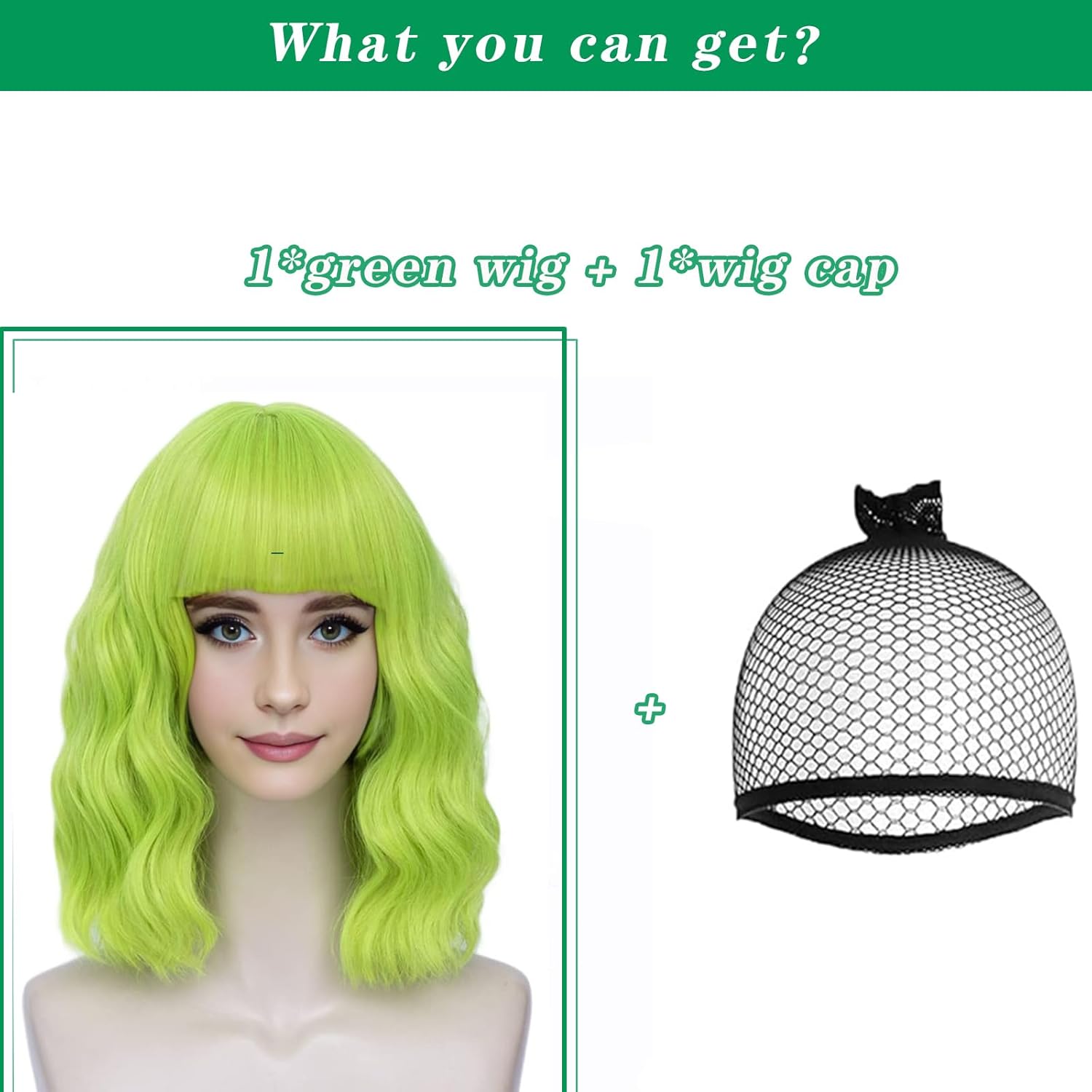 Lime Green Wig for Women Light Green Wig Neon Green with Bangs Short Wavy Synthetic Heat Resistant 14 Inch, 22.5-23.6 Inch Circumference for Cosplay Party Costume Fun Daily Wear - Image 3