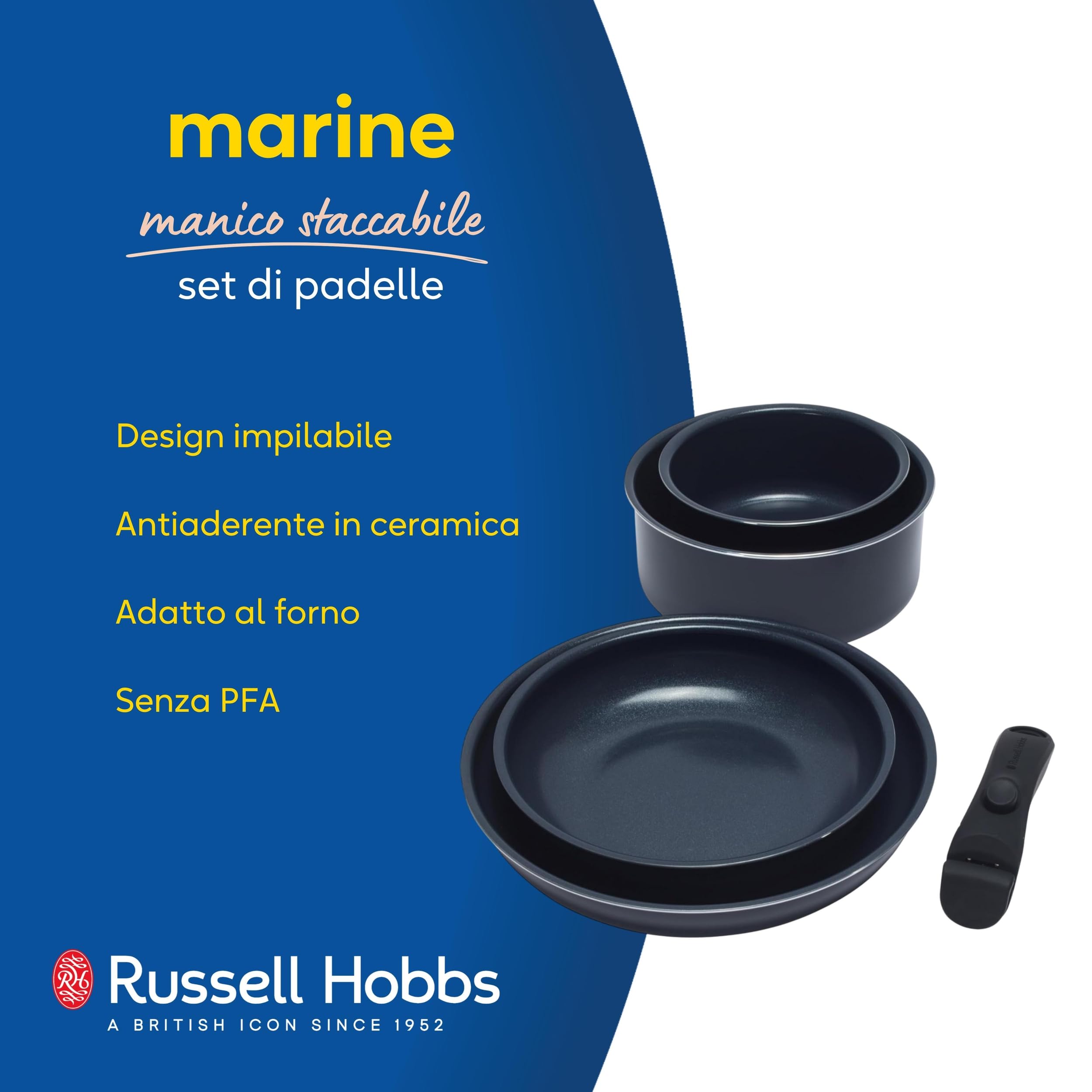 Russell Hobbs RH03319EU7 Smart Clip - Set di 5 padelle e padelle antiaderenti in ceramica con manico staccabile, design impilabile, senza PFA, adatta al forno a induzione, blu marino