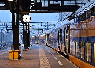 BELECO 7x5ft Fabric Train Station Platform Photography Backdrop Early Morning Train Background Train Theme Party Decor Kids Adults Artistic Portrait Photoshoot Studio Props