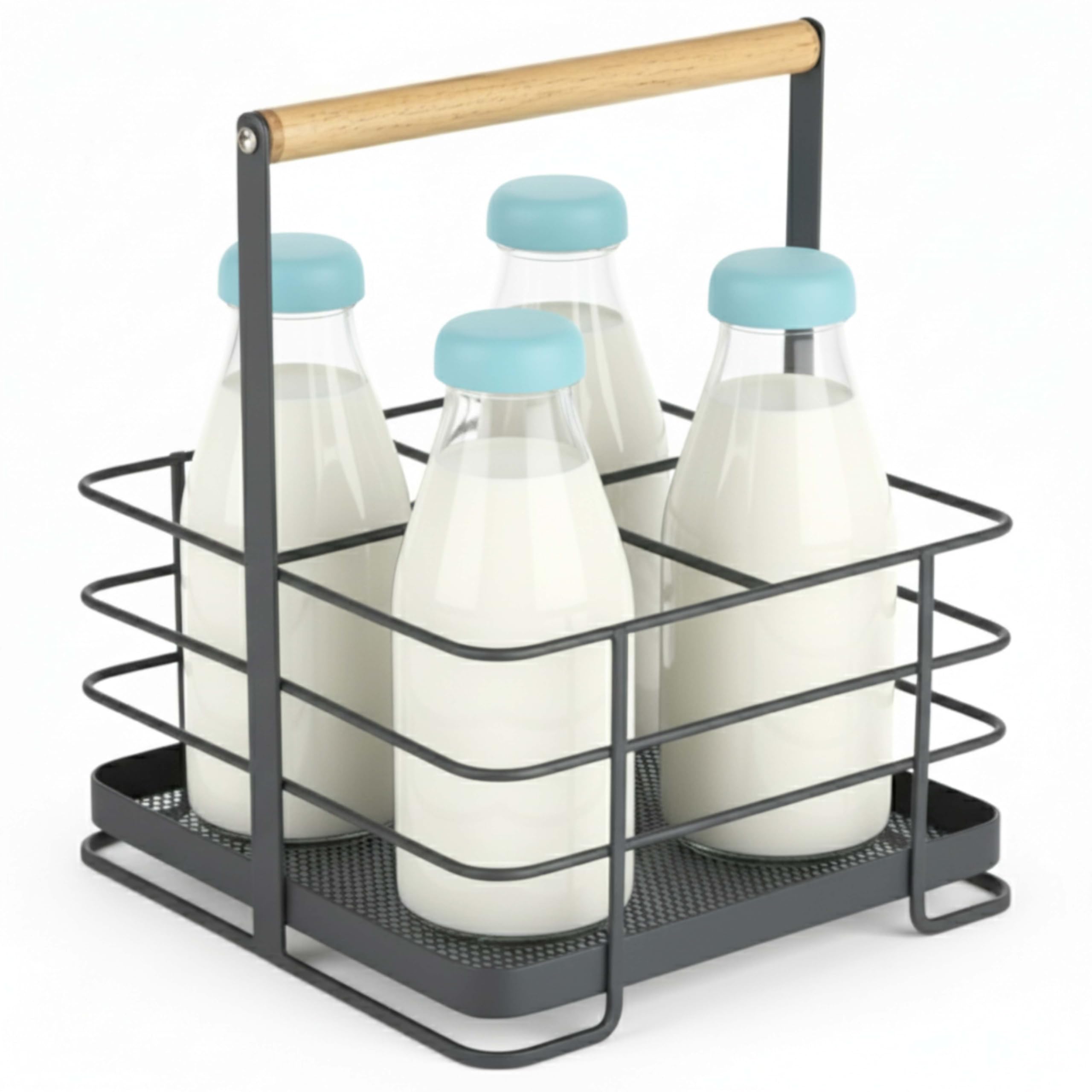 ALAYSTAR Mesh Black Metal Milk Bottle Holder 4 Pint Bottle Carrier Vintage Style Milk Caddy Rust-Resistant Iron Milk Crate with Wooden Handle for Doorstep & Kitchen Storage Weatherproof