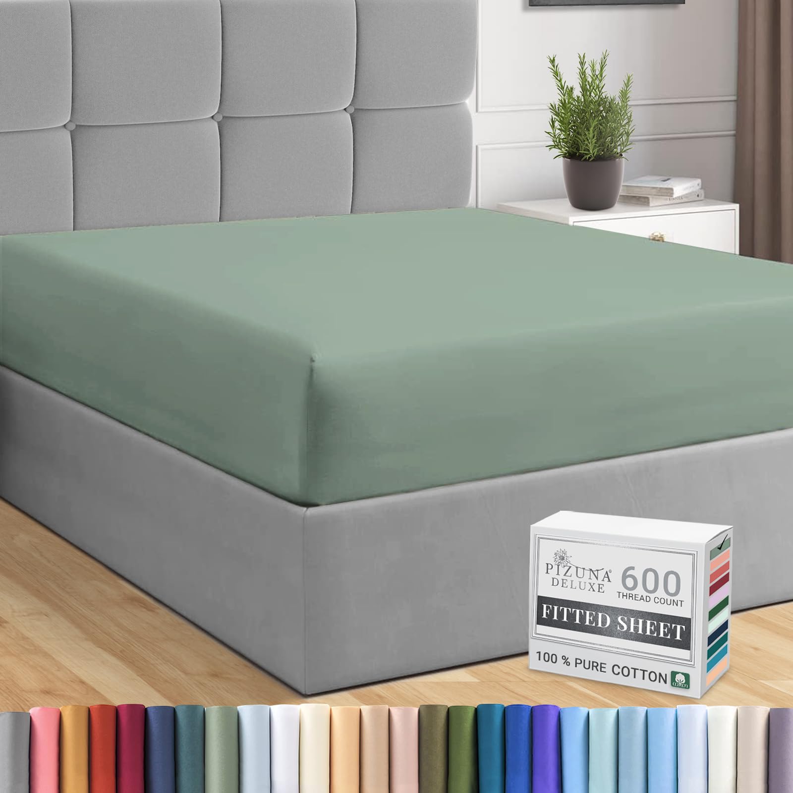 Pizuna Pure Combed Cotton Super King Fitted Sheet Sea Foam, 600 Thread Count 100% Long Staple Cotton Fitted Sheet 180x200 cm, Sateen Weave Superking Fitted Sheet Extra Deep 40 cm Fit 1 PC