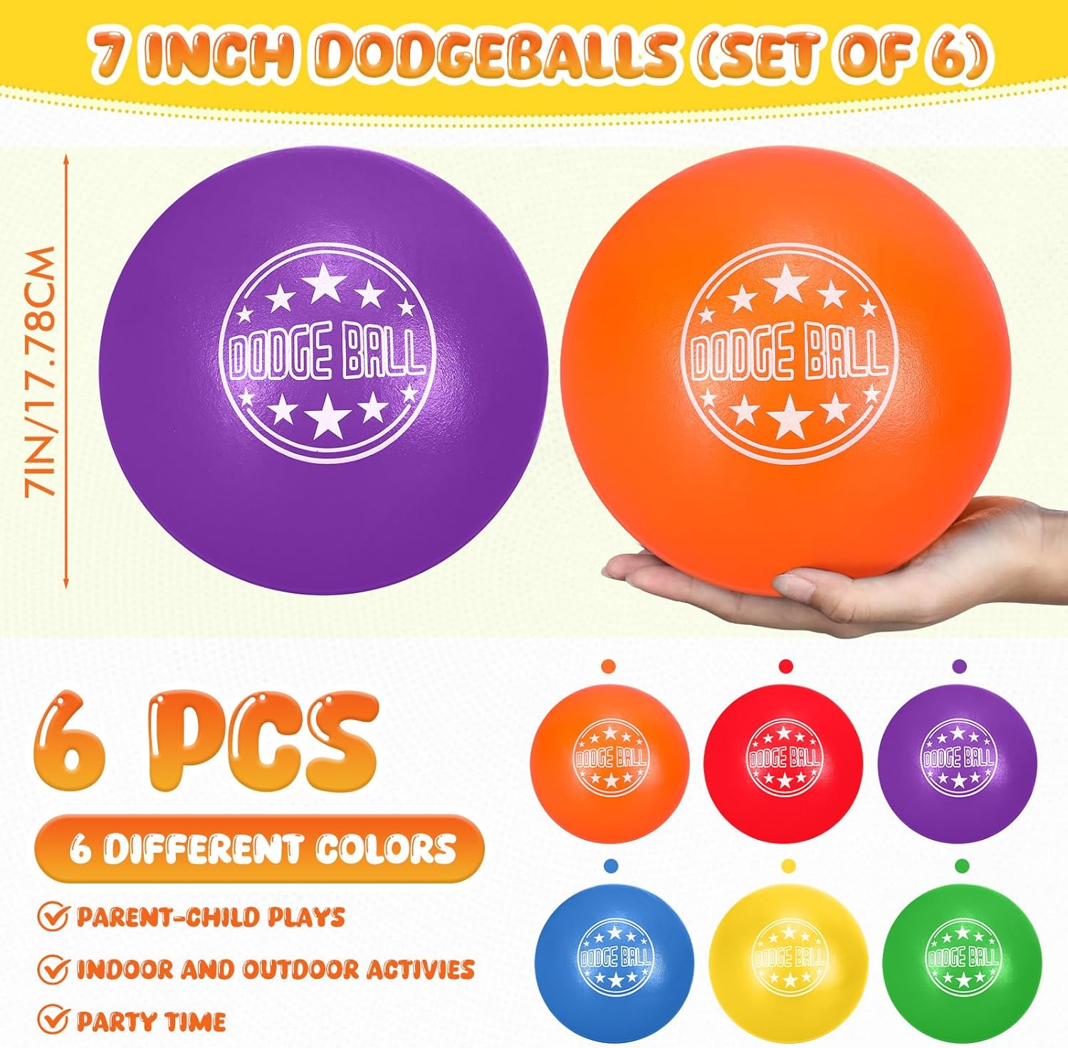 Jerify 6 Pcs Foam Dodgeball Set 7 Inch Soft Skin Playground Dodgeballs Bulk, Low Density Foam for Non Sting Dodgeball Sports Equipment for Kids and Adults
