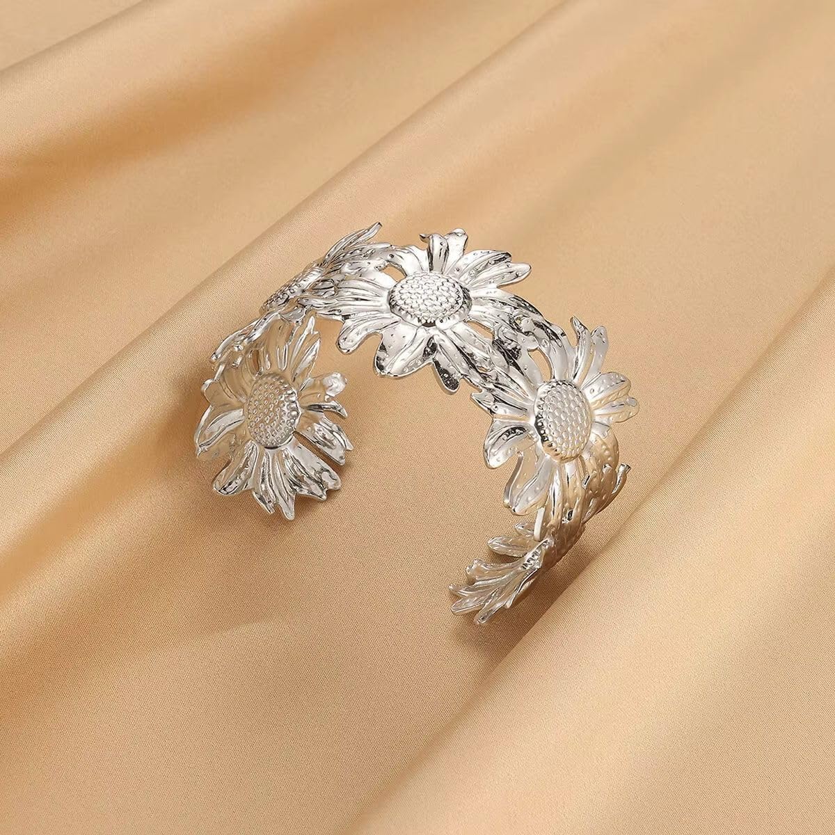 YWMAN Chunky Silver Cuff Bracelet, Wide Daisy Flowers Bangle Bracelets for Women Men - Image 2