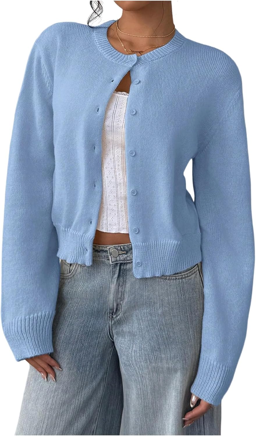 SOLY HUX Women's Button Down Long Sleeve Crewneck Crop Cardigan Sweater Cute Knitwear Clothes