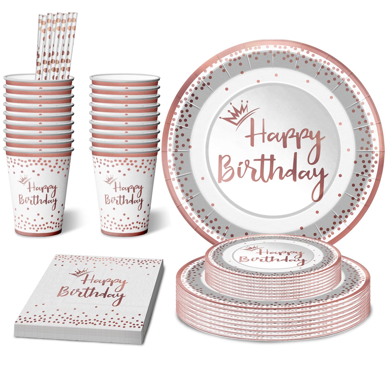 SOOFAM Pink Birthday Party Supplies,100 PCS Disposable Dinnerware Set,Rose Gold dinner plates Napkins Cups dessert plates and Straws party supplies Dinnerware -20 Serves