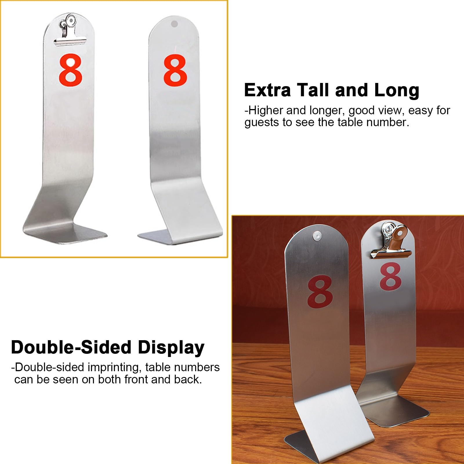 Kantinentischnummern 10 15 25, gr??ere und l?ngere Tischschilder aus Edelstahl mit Clip f¨¹r Restaurants, Empf?nge, Bistros, doppelseitige Tischkartenhalter (Farbe: Silber (61¨C75))