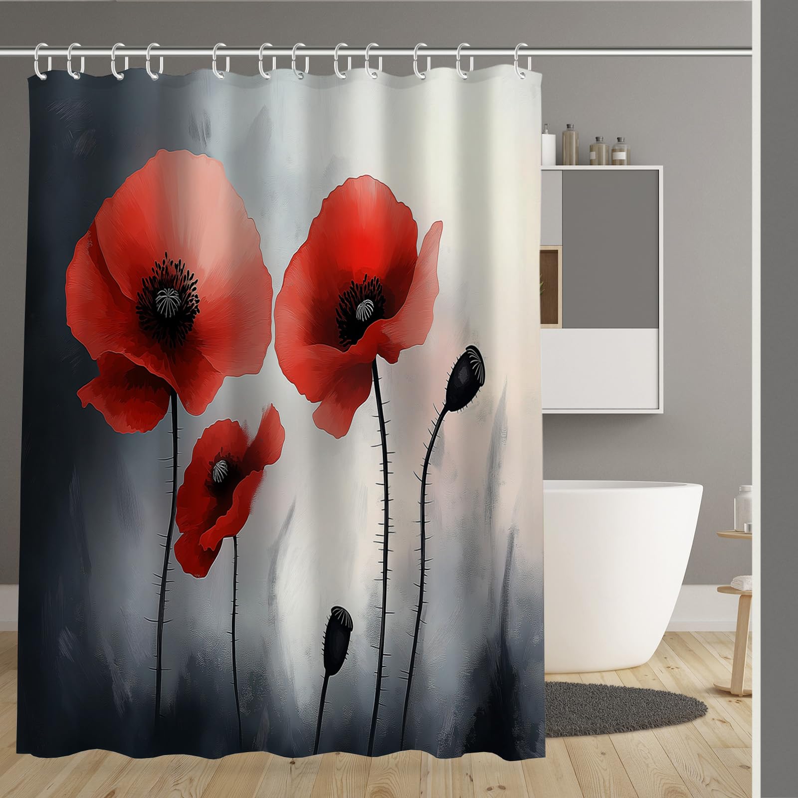 Rideau de douche 180x200cm fleur rouge imperméable avec crochets pour salle de bain