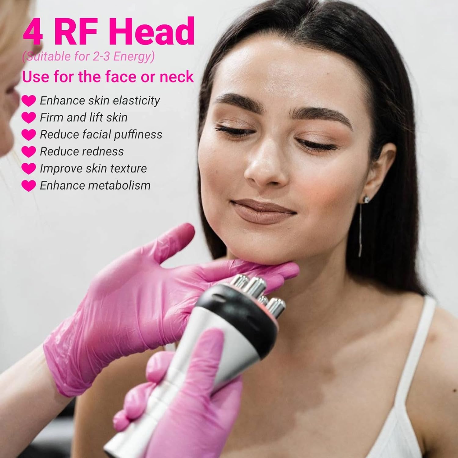 Person receiving treatment with the 4 RF Head on their face and neck area.