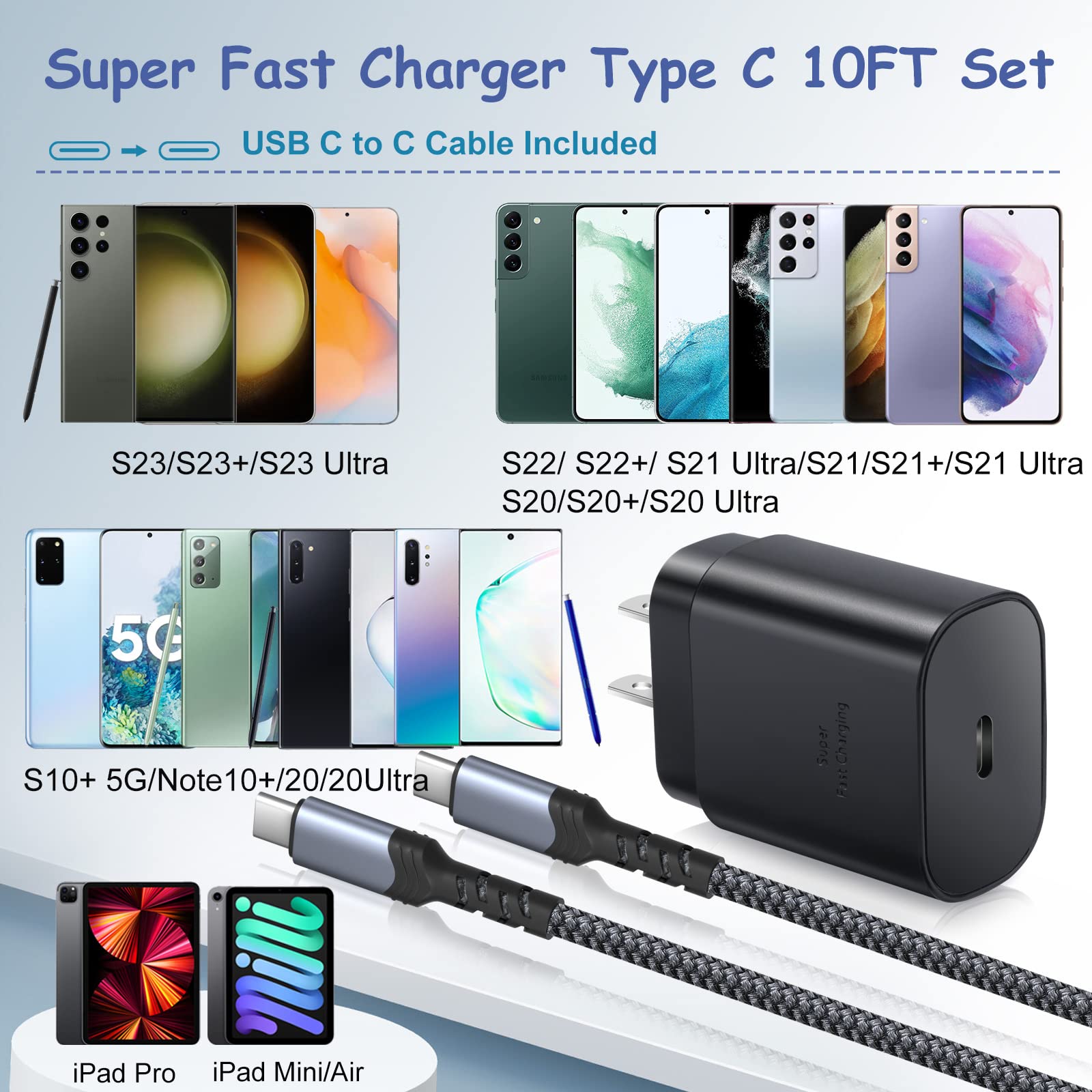 Costyle Caricatore super veloce di tipo C, blocco di ricarica da parete USB C da 25 W, blocco di ricarica super veloce con cavo USB C lungo 3 m per Samsung Galaxy S24 S24Ultra S24+ S23 S23Ultra S22