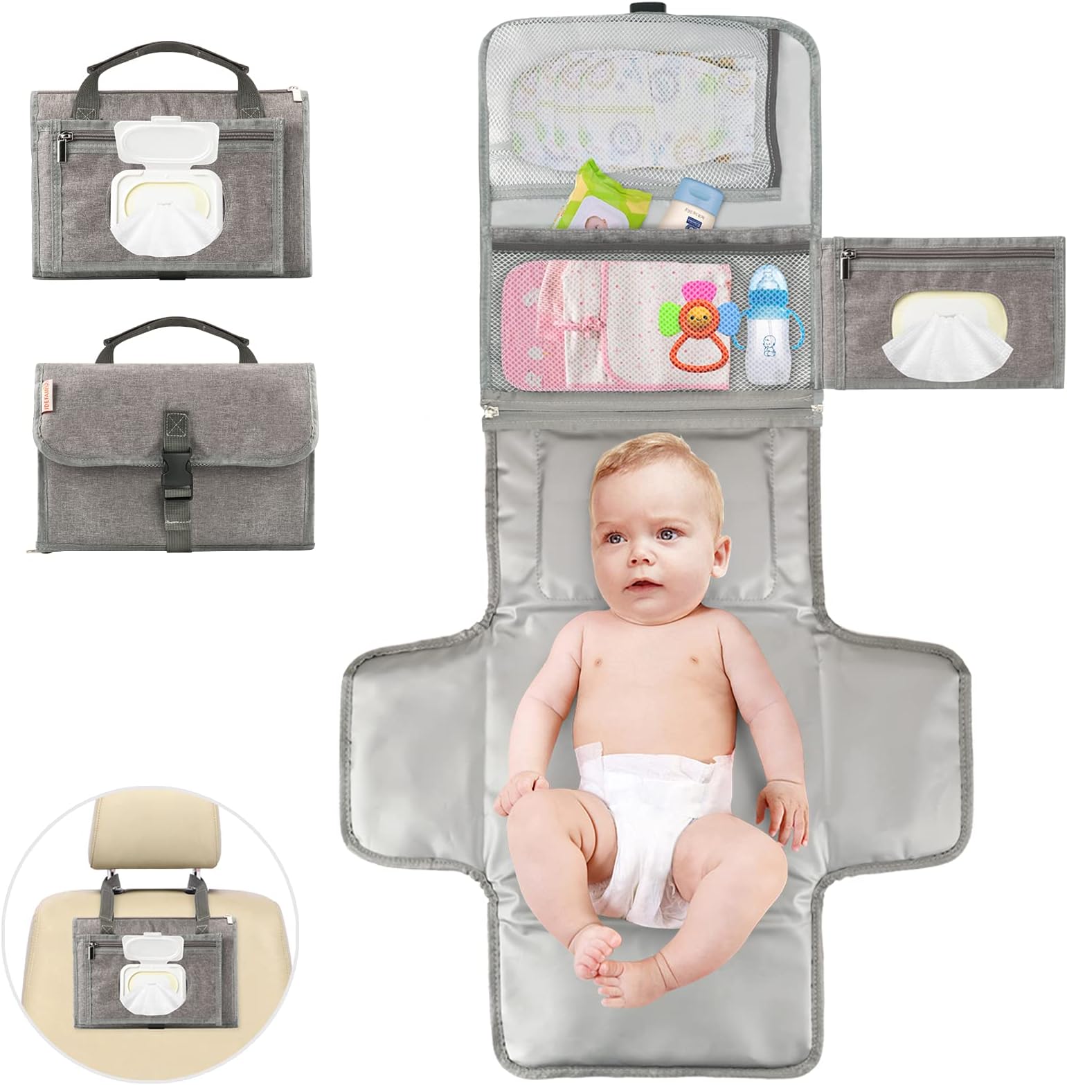 Portable Diaper Changing Pad, Baby Changing Mat with Head Cushion, Waterproof Diaper Changer Station Detachable Baby Travel Changing Pad by Idefair