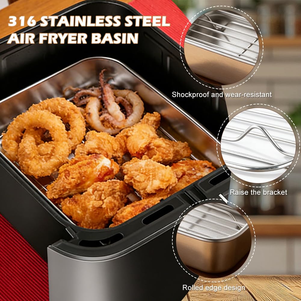 Pirofila in acciaio inox per Airfryer – con griglia di sgocciolamento, coperchio e maniglie, accessorio Airfryer per Ninja, Cosori, Philips, pirofila Airfryer, senza BPA e inodore