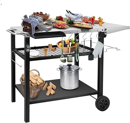 EDOSTORY Mesa de carrito de parrilla al aire libre, soporte para horno de pizza, tres estantes de acero inoxidable, mesa de preparación de