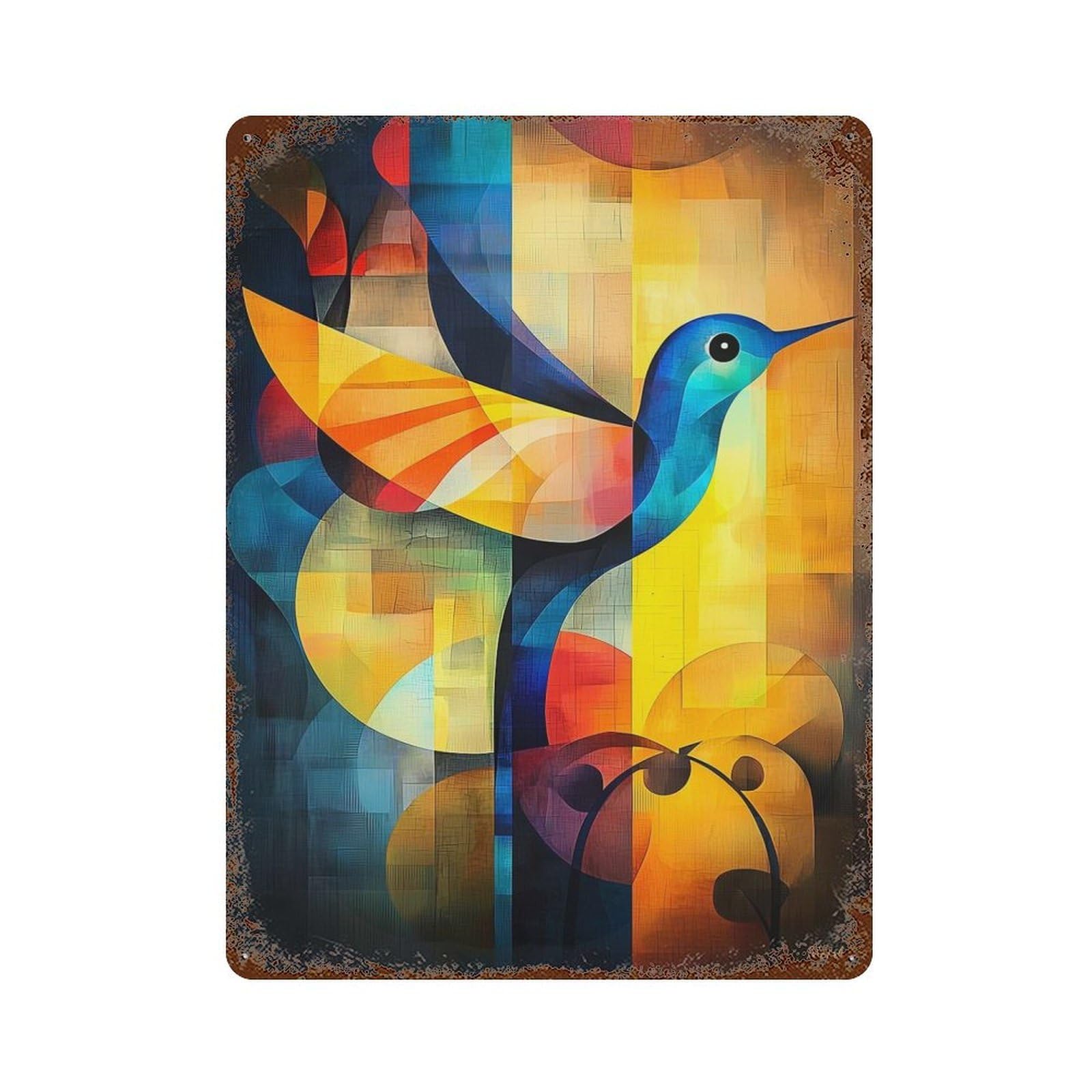 Rust Effect Abstract Hummingbird Art - Geometric Bird in Vibrant Colors Weathered Tin Sign 15.7"x11.8", Novelty Wall Decor for Office, Studio And Wall Decor