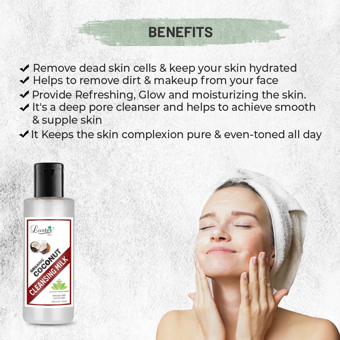 Luster Organic Whitening Coconut Cleansing Milk | Enriched With Coconut Water | Deep Clean & Refreshing | Natural Facial Cleansing Milk For Women (Paraben & Sulfate Free)-210 ml 1