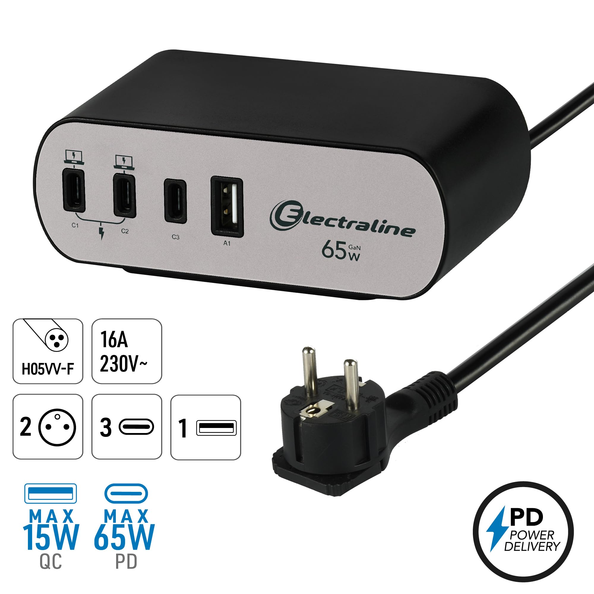 Electraline 35462 Bloc Multiprise pour Bureaux Electradock avec 2 Prises Françaises + 4 USB (3 USB C (Power Delivery) PD65W + 1 USB A QC) + 1 support de bureau inclus