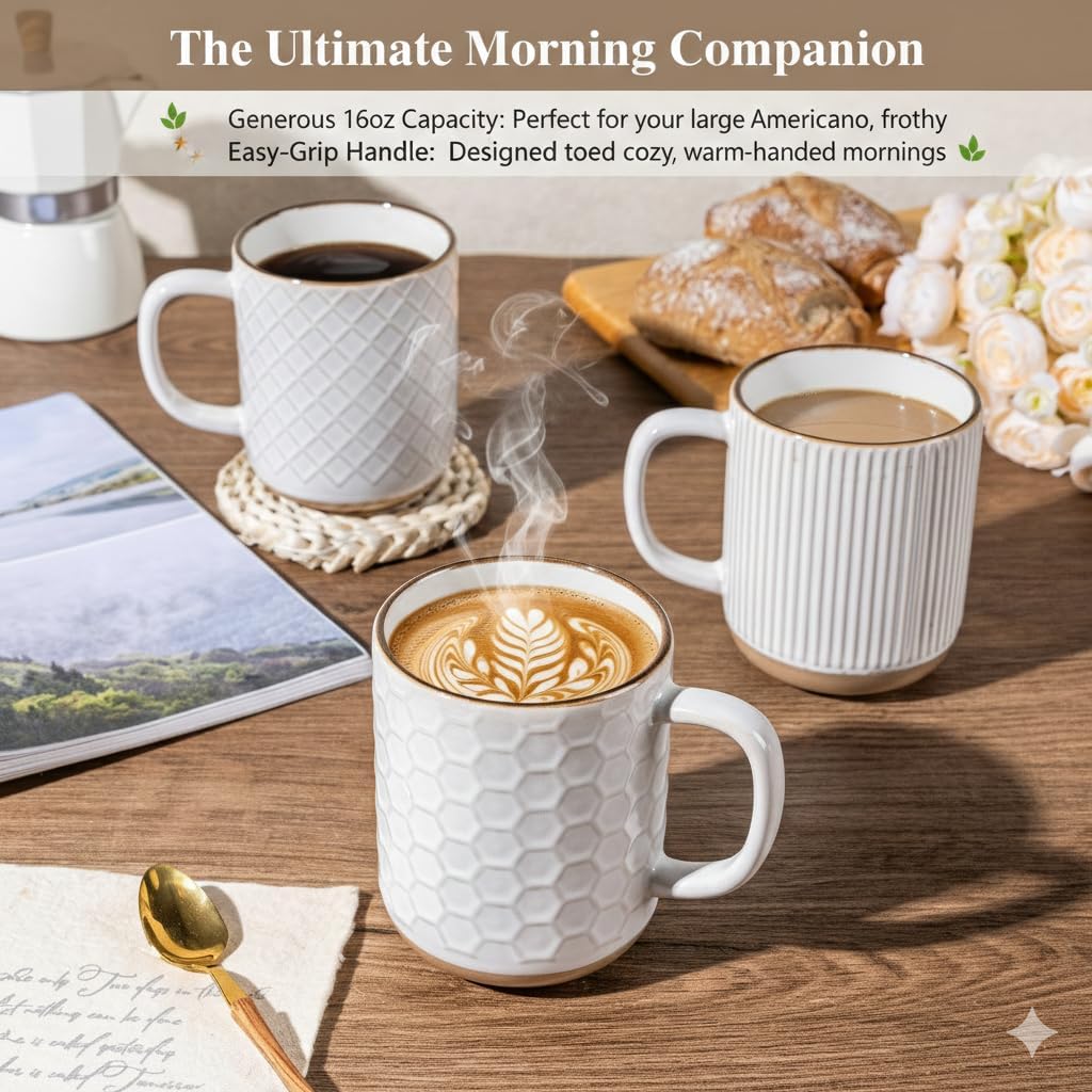 GBhome Large Coffee Mugs Set of 4, 16oz Handmade Stoneware Coffee Mugs Set with Large Handle for Cappuccino/Latte/Tea/Hot Cocoa, Dishwasher & Microwave Safe, Off White