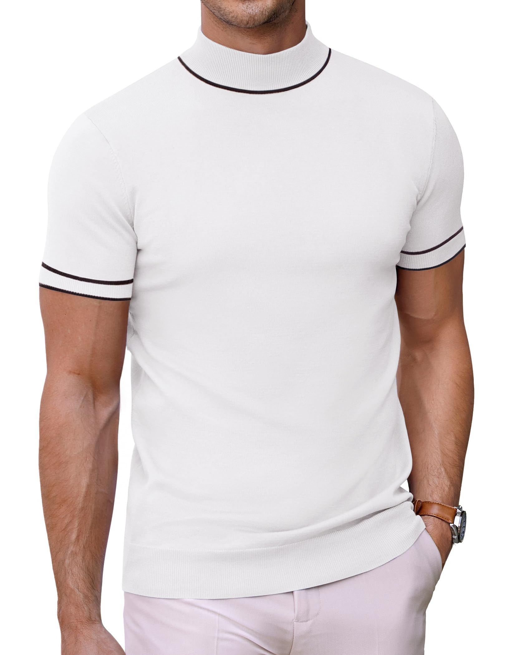 COOFANDY Herren T-Shirt mit Stehkragen Strick Männer Rollkragenshirt Pullover Herren Kurzarm Halb Kragen Unterhemd Slim Fit Basic Tops