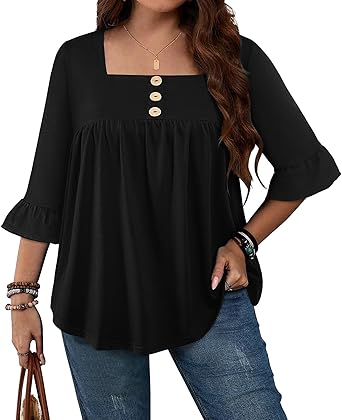 Plus Size Womens Blouses 3/4 Flutter Sleeve Square Neck Tunic Shirts Button Business Work Fall Tops 2025(XL-5XL)