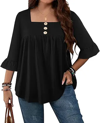 Plus Size Womens Blouses 3/4 Flutter Sleeve Square Neck Tunic Shirts Button Business Work Fall Tops 2025(XL-5XL)
