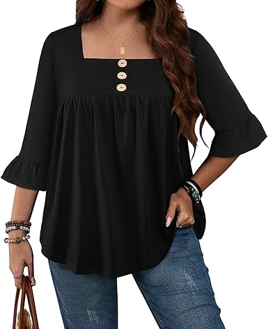 Plus Size Womens Blouses 3/4 Flutter Sleeve Square Neck Tunic Shirts Button Business Work Fall Tops 2025(XL-5XL)