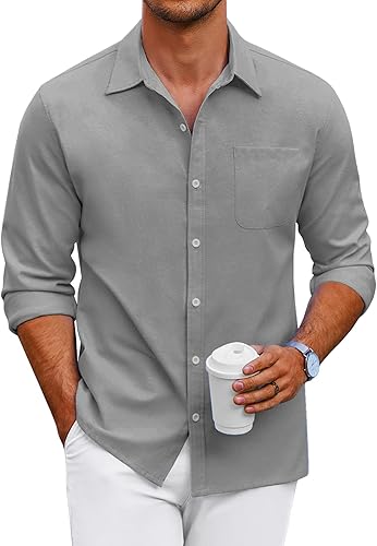 Miniatura 36 de COOFANDY Camisa Oxford de manga larga con botones para hombre, camisas de vestir de ajuste regular