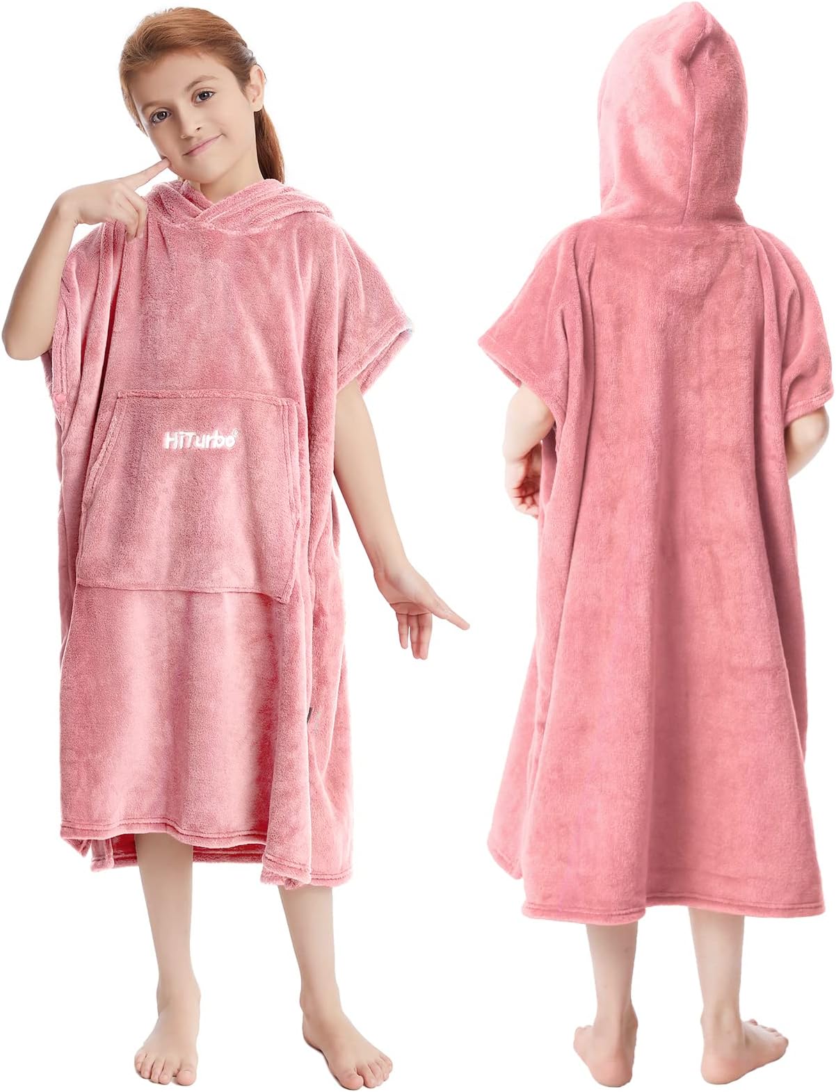 Hiturbo Kids Towel Changing Robe: Soft Plush Bath Towels - Warm Coral Fleece Hoodie - Swim Surf Poncho for 5-12 Years (Pink)