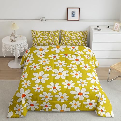 Miniatura 7 de Juego de ropa de cama de flores hippie tamaño King, juego de edredón floral retro de los años 70 para decoración de habitación para parejas, edredón