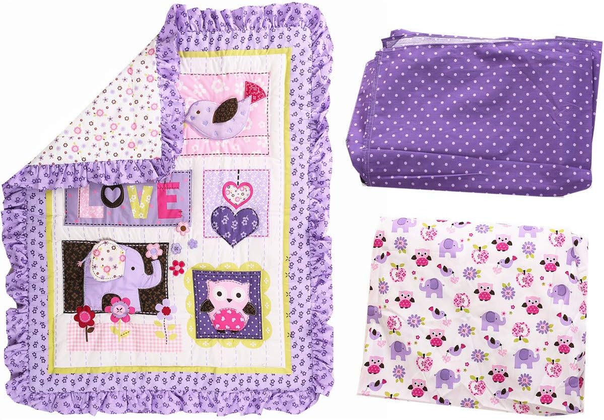 Crib Sets for Girls 3D Elephant Bird Crib Bedding Sets for Girls 3Piece Baby Nursery Bedding Purple White | Comforter, Crib Sheet, Dust Ruffle