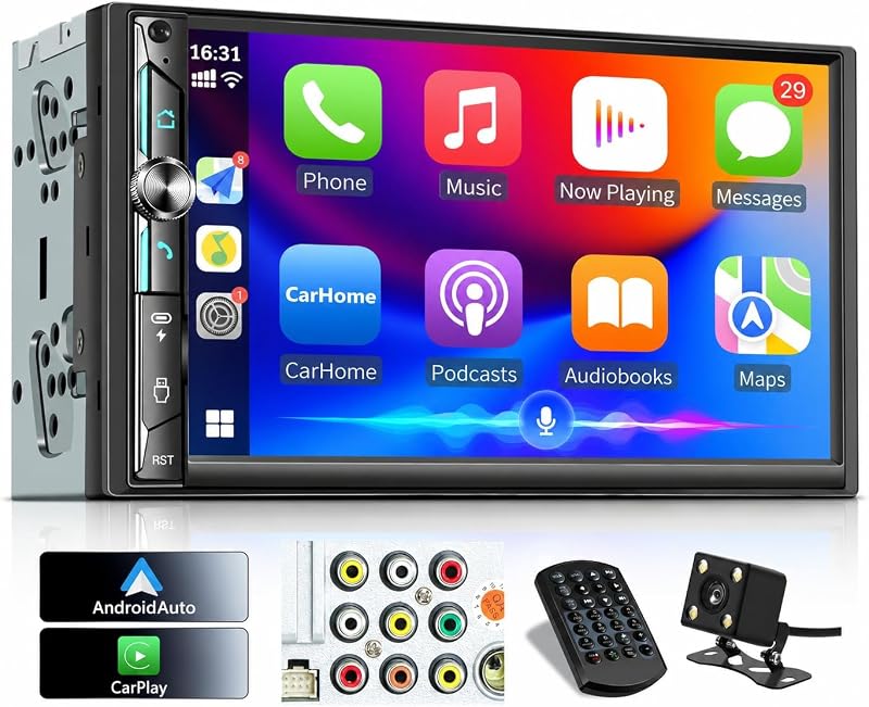 LSLYA Apple CarPlay inalámbrico estéreo para auto de doble DIN, 240 W, 2 puertos de subwoofer | Radio de auto con pantalla táctil, Bluetooth, RCA de 4.2 canales, Android Auto inalámbrico, AM/FM, USB/Tipo C, SWC, EQ, cámara frontal y trasera